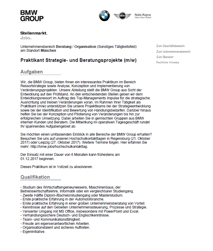 Zum Artikel "BMW Group: Praktikant (m/w) für Strategie- und Beratungsprojekte gesucht"