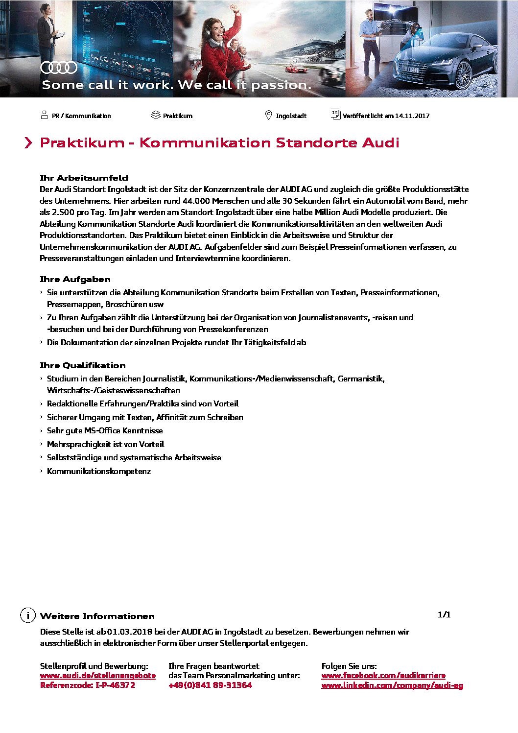 Zum Artikel "Audi AG: Praktikant (m/w) im Bereich Kommunikation der Standorte gesucht"