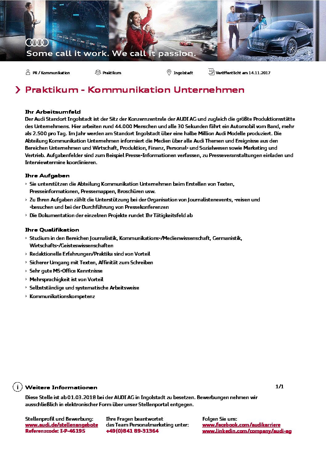 Zum Artikel "Audi AG: Praktikant (m/w) im Bereich Unternehmenskommunikation gesucht"