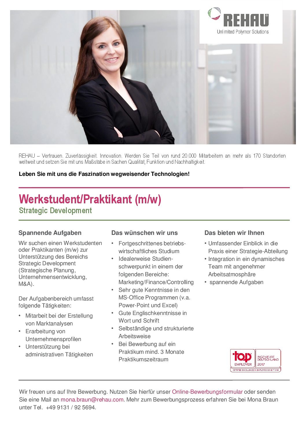 Zum Artikel "REHAU: Werkstudent/Praktikant (m/w) im Bereich Strategic Development gesucht"