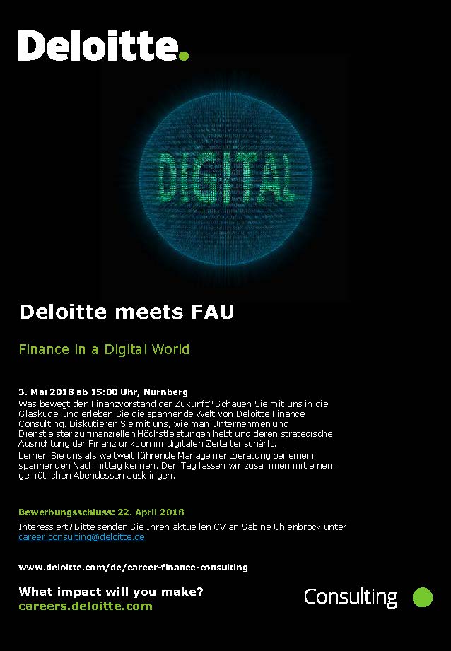 Zum Artikel "Deloitte meets FAU – Finance in a Digital World | 03. Mai 2018"