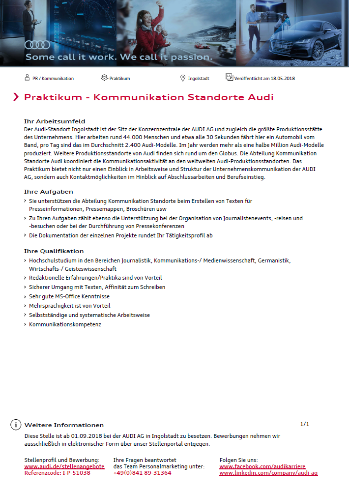 Zum Artikel "Audi AG: Praktikant (m/w) für den Bereich Kommunikation der Standorte"