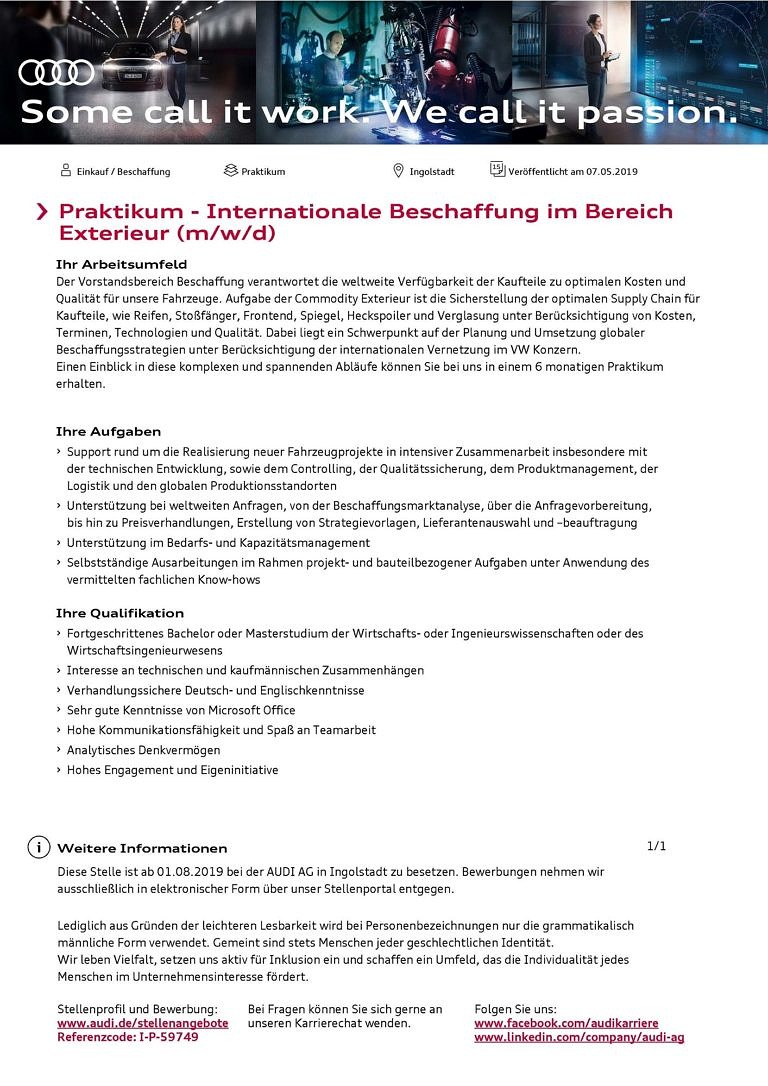 Praktikum – AUDI AG – Internationale Beschaffung im Bereich Exterieur (m/w/d)