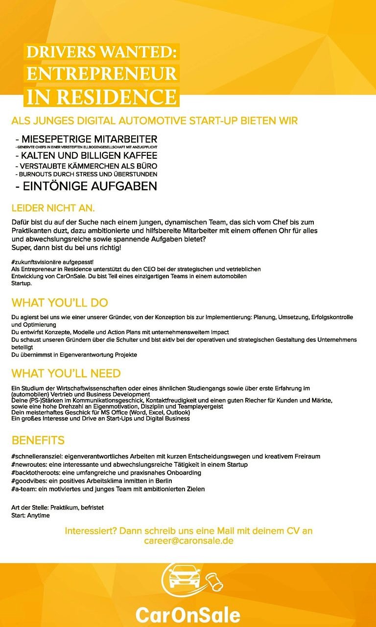 Praktikum im Bereich Business Development bei CarOnSale