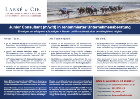 Zum Artikel "Stellenausschreibung: Junior Consultant (m/w/d) Labbé & Cie"