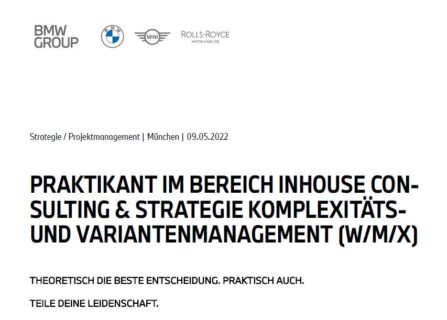Zum Artikel "Stellenausschreibung Praktikum (w/m/d) im Bereich Consulting / Strategie bei BMW"