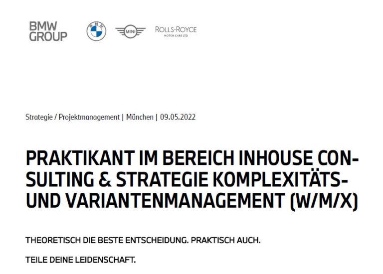 Stellenausschreibung Praktikum (w/m/d) im Bereich Consulting / Strategie bei BMW