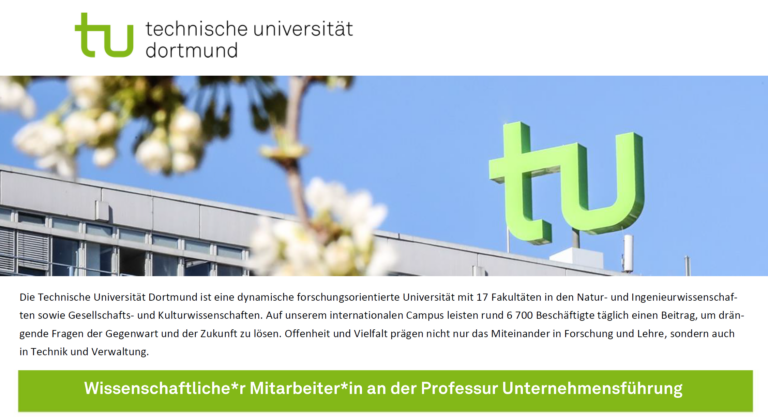 Wissenschaftliche/r Mitarbeiter/in im Bereich Unternehmensführung (m/w/d) – TU Dortmund