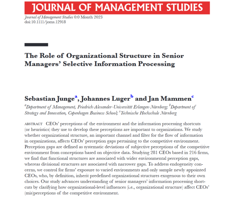 Neue Veröffentlichung zum Einfluss der Organisationsstruktur auf die selektive Informationsverarbeitung von CEOs im Journal of Management Studies